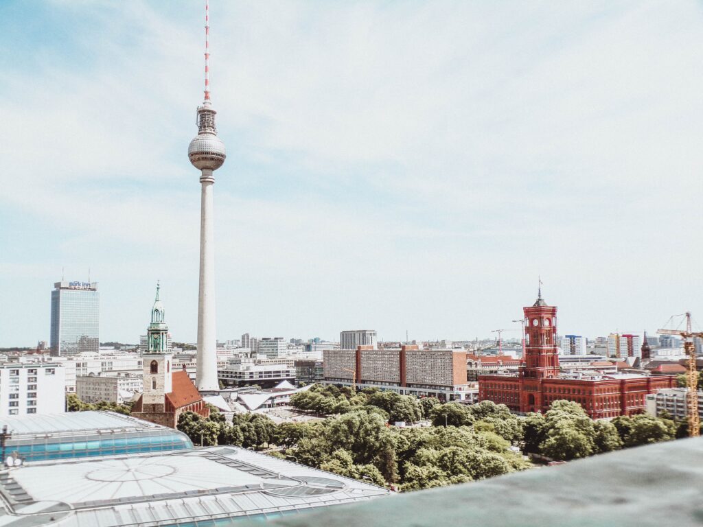 skyscrapers in view in Berlin, Germany while the author attempted to learn German